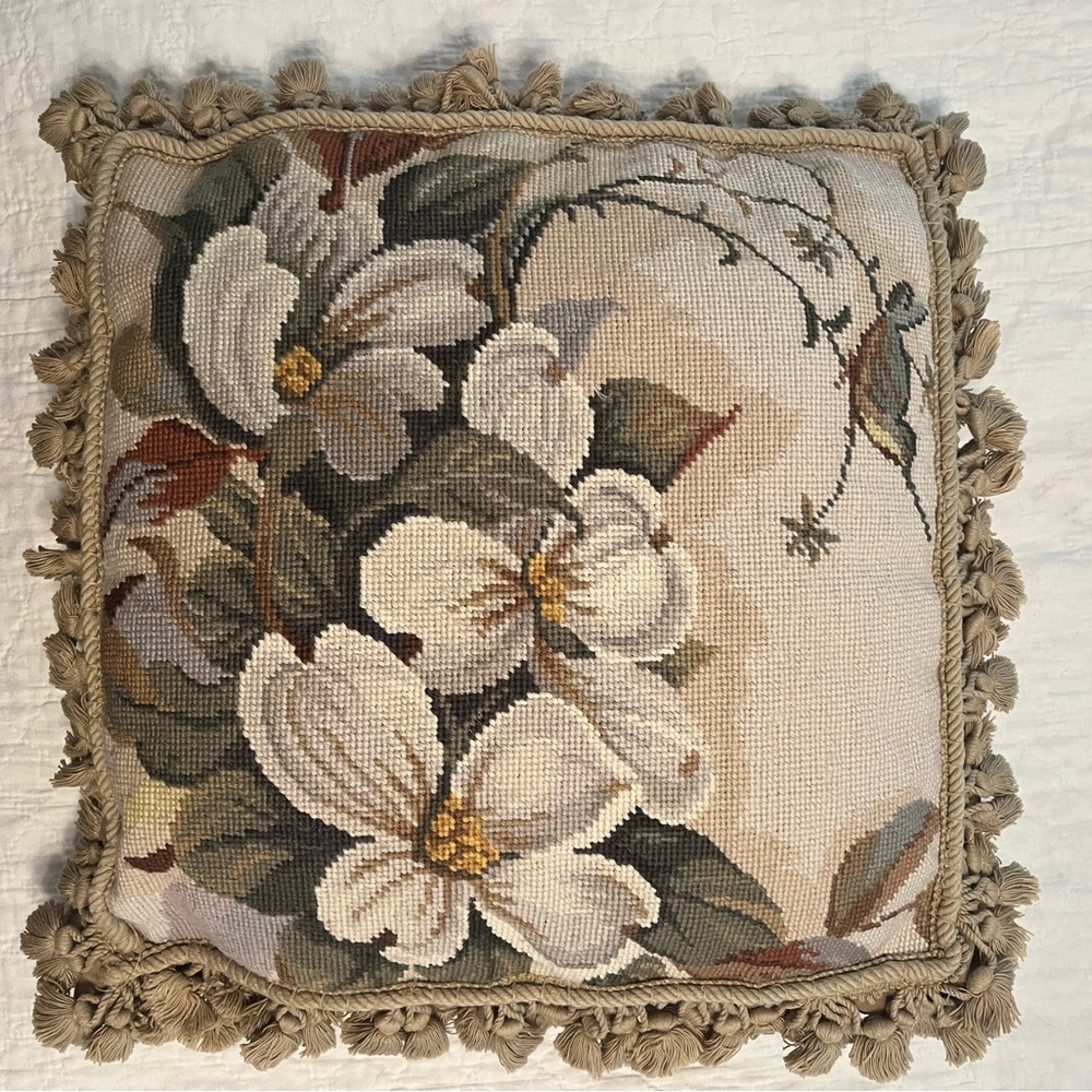 Floral Cross-stitch Pillow with Tassel edges
